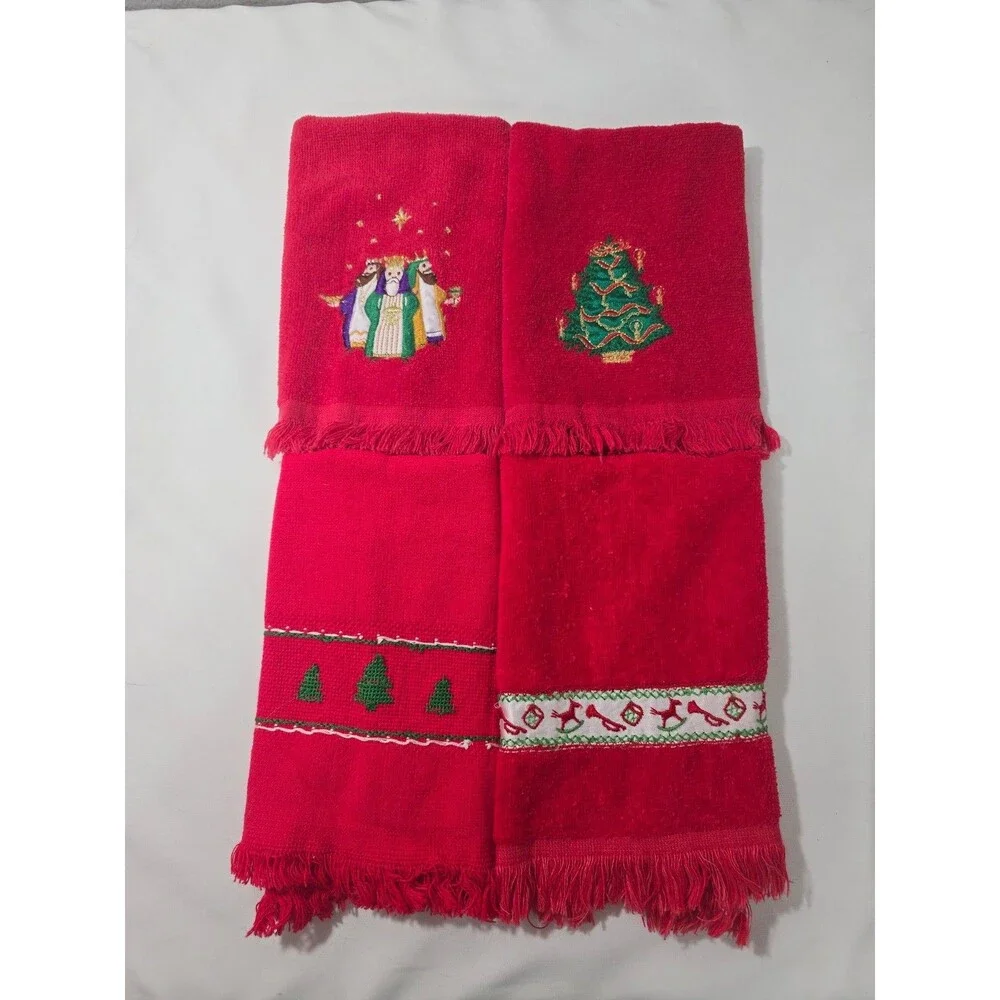 Vintage Lot Of 6 Red Christmas Finger Towels Hand Cannon & Misc Crossstitch